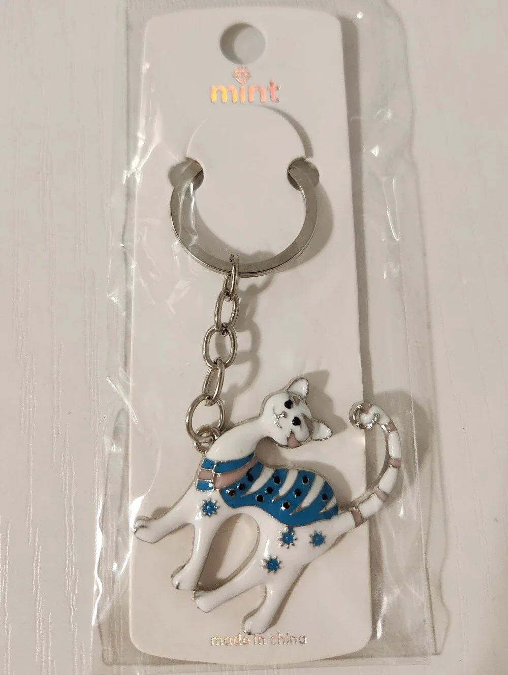 Mint Silver Cat Keychain with Blue And White Enamel
